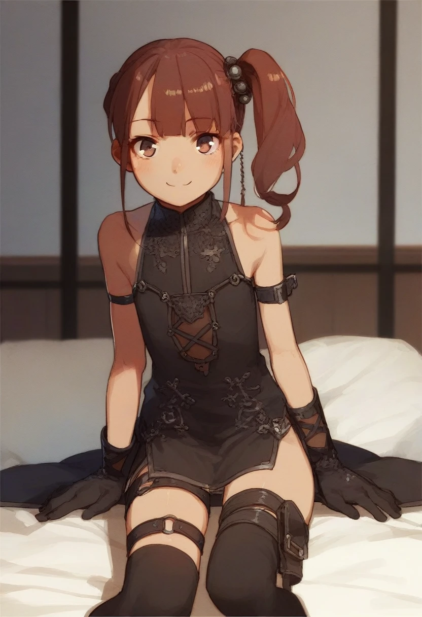 score_9, score_8_up, source_anime,
asanagi, by muk \(monsieur\)
BREAK,
1girl,ubel, side ponytail, dark red hair,
black gloves, black dress, thigh strap, arm strap, kneehighs,
facing viewer, slight smile,
indoors