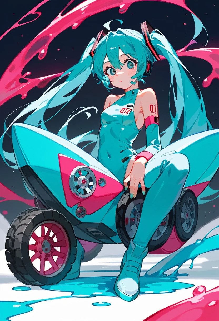Miku Hatsune, liquid ink captures the essence of wind, caught in a swirl of dots, tracing multiple random spectrums of color, 4K concept art, extreme detail, wheels within wheels, glowing canvas, idol costume, dynamic, clear gloss focus, light blue hair, pink at the tips, wheels within wheels detail creating perfect female face, gorgeous, top quality, masterpiece