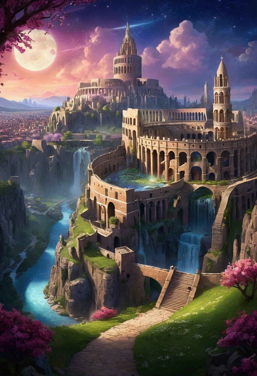 (masterpiece, illustration, best quality, detailed,highres:1.4), in the distance, colorful, vibrant, lush, volumetric lighting, contrast, , From a distance, depth of field , scenery, landscape painting, concept art, intricate tiny details, stylized, , cloudy skies, moonlit night starry skies, Fantasy, ancient kingdom city [colosseum,sagrada,basilica] scenery, snow, waterfall, , blooming trees grass flowers ,  Rocky Mountains and forest snow in the background ,    , (fantasy magic:1.4)