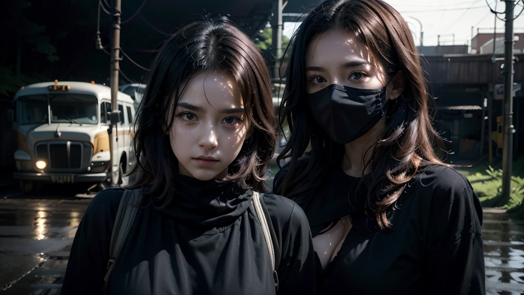 women in loose, lightweight black clothing, wearing a prominently visible balaclava, hanging by one hand from a track above a rusted roller coaster car, broken tracks and overgrown weeds, eerie atmosphere, sense of mystery and solitude, suspenseful mood, close-up shot from the car, shallow depth of field, soft, diffused lighting. Dark atmosfer.mask in face.8k