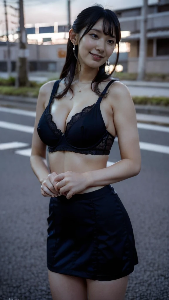 masterpiece, Highest quality, shape, Very detailed, Fine details, High resolution, 8k,wallpaper, Perfect dynamic composition,(High quality with attention to detail, Realistic depiction of eyes:1.3),  (Japanese woman standing in a dirty alley in japan 深At night, Put your hands on your head, ed wall:1.1), Black hair color, Big Natural Color Lip,  Attractive face, Provocative look, Crying a little、Cold Stare, Dirty back alleys of Japan、, At night, Full body photo、Focus on the crotch, Huge breasts　black lace bra　Shy laugh　The lights in the building are out　Paddy field　School building　outside　Tight mini skirt
