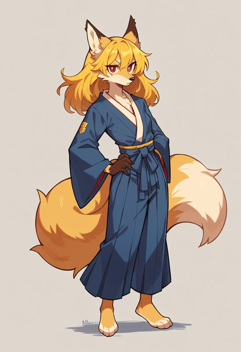 (full body,,The left hand is on the hip),((The right hand is out in front)),small breasts,Adult female fox, Furry, Golden fur, Golden facial fur, long golden hair, The hair on his hands is golden, Golden yellow hair on the back of the hand, Light-filled eyes, Red eyes, Brown elements of fur,Navy blue kimono,Navy blue hakama,Very fine fur, Fluffy tail,Nine-tailed tail,