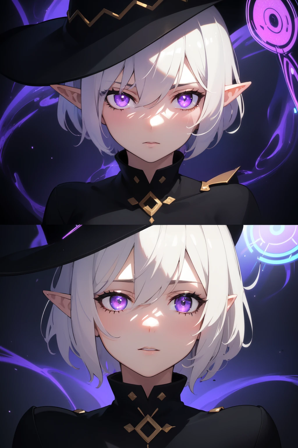(masterpiece, Best quality, ultra detailed, best shadow), (detailed background,dark fantasy), (beautiful detailed face), high contrast, (Better lighting, very gentle and beautiful), ((cinematic light)), colorful, hyperdetailing, dramatic light, complex parts, (1 girl, Elf, White hair, Sharp face, purple eyes, hair between eyes, Dynamic angle, Purple witch hat), (swirling black light around the character:1.5), depth of field, Black light particles, (broken glass), magic circle above hand, short hair, dark tight clothes