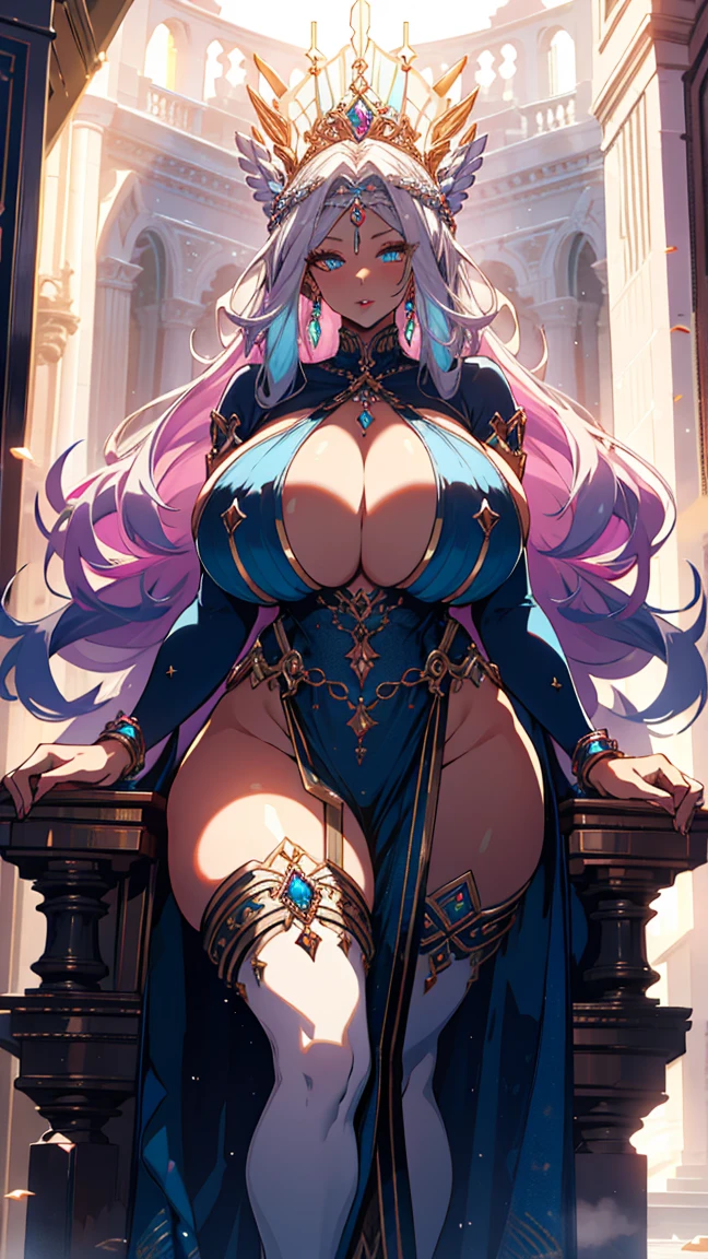 goddess of jewels, Beautiful Eyes, Huge breasts, long flowing hair, Glowing Skin, Big Ass, Wide Hips, Sexy lips, Regal dress with jewels all over, Opal Throne , Huge software , Huge cellulite ass,colorful