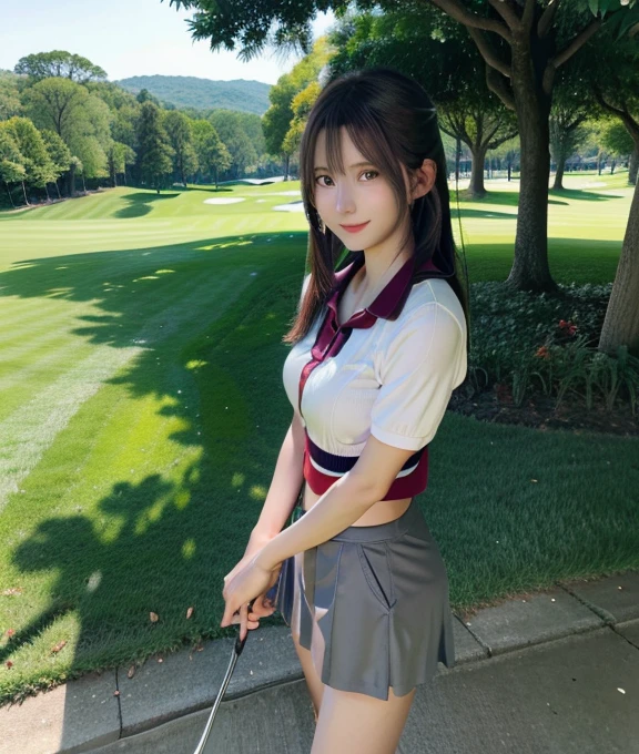 1人の女性を頭からToesまで全身描いてください。Full Body、Smooth skin、RAW images、High definition、High resolution、high resolution、Full Body、Toes、Perfect fingertips、Perfect legs先、Perfect legs、Perfect Face、Detailed face、smile、Embarrassed、Perfect symmetrical eyes、looking at the camera、Navy city clothes、Standing pose、Similar to Asuna from Sword Art Online、Delicate fingers、Red eyes、Silver Hair、Please draw fingertips accurately.、Wearing golf wear、Wearing golf shoes。Walking on the golf course