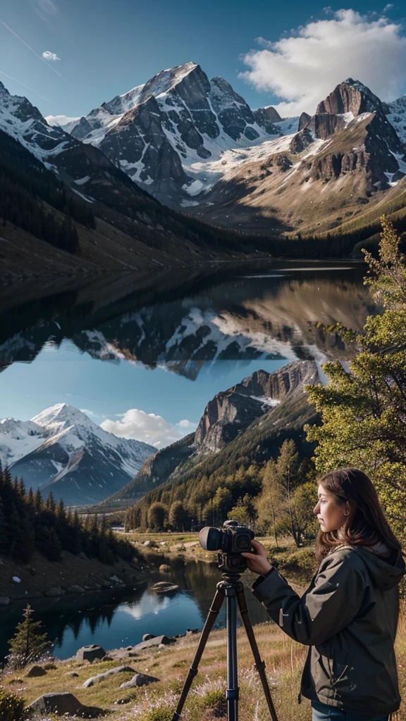 "Create an image of a stunning mountain landscape with majestic peaks, lush valleys, and a clear sky. In the foreground, depict a photographer setting up a tripod and camera, aiming towards the mountains. The photographer should be focused and engaged, possibly adjusting the camera settings or looking through the viewfinder. Include details such as a camera bag and other equipment scattered around, adding realism to the scene. The overall atmosphere should convey the awe-inspiring beauty of the mountains and the dedication of the photographer capturing this natural wonder."