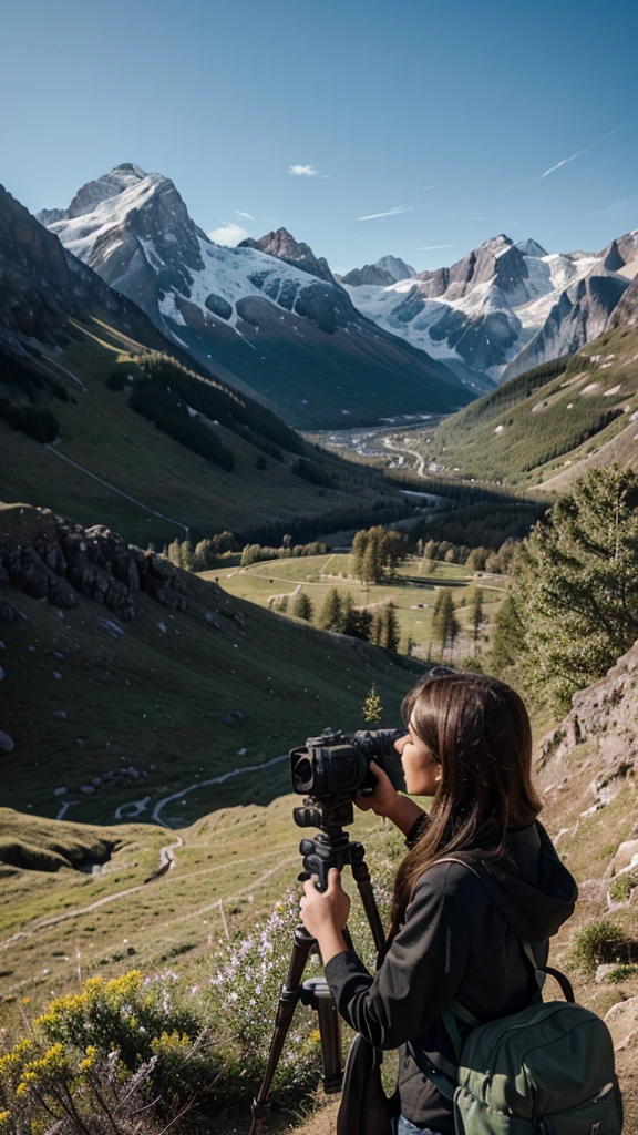 "Create an image of a stunning mountain landscape with majestic peaks, lush valleys, and a clear sky. In the foreground, depict a photographer setting up a tripod and camera, aiming towards the mountains. The photographer should be focused and engaged, possibly adjusting the camera settings or looking through the viewfinder. Include details such as a camera bag and other equipment scattered around, adding realism to the scene. The overall atmosphere should convey the awe-inspiring beauty of the mountains and the dedication of the photographer capturing this natural wonder."