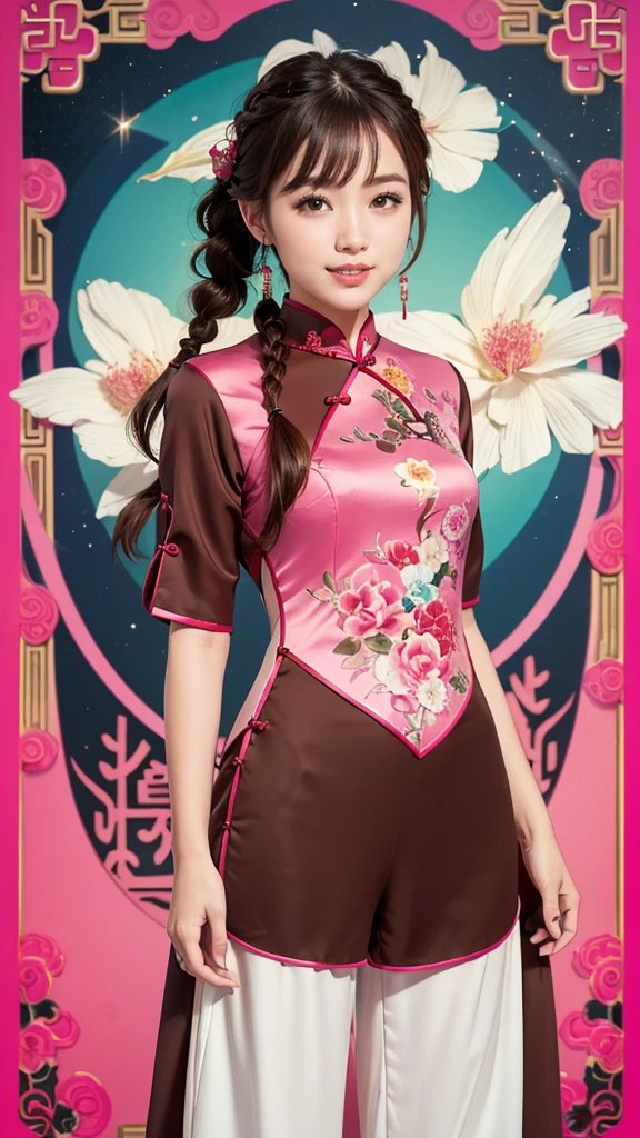 Mucha style, Chinese Design, Realistic, masterpiece, Highest quality, Highest Resolution, Anatomically correct, Accurate Anatomy, One Japanese woman, Smile and show your teeth a little., Fine and beautiful eyes, Sparkling eyes, Thin eyebrows, Gives lashes a delicate finish, False eyelashes, (Chinese traditional makeup:1.2), (Braided hair, Blunt bangs, Brown Hair:1.2), Detailed face, Sharp Eyes, (Classic pink cheongsam resembling a heavenly maiden, Pants Style, A little fantastic:1.3), Photo taken from the thigh up, Blank background in warm colors