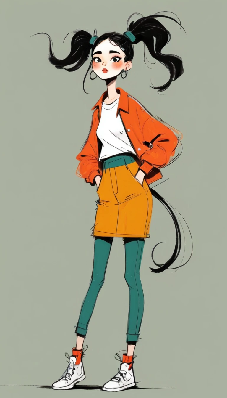 (((Exaggerated digital character sketches:1.37))).(1 Girl,Double tail,fashion clothing),(Black sketch lines,Loose brushstrokes create the outline,Cartoon Style. Bright colors and simplified lines, sketch)。(Exaggerated body movements),