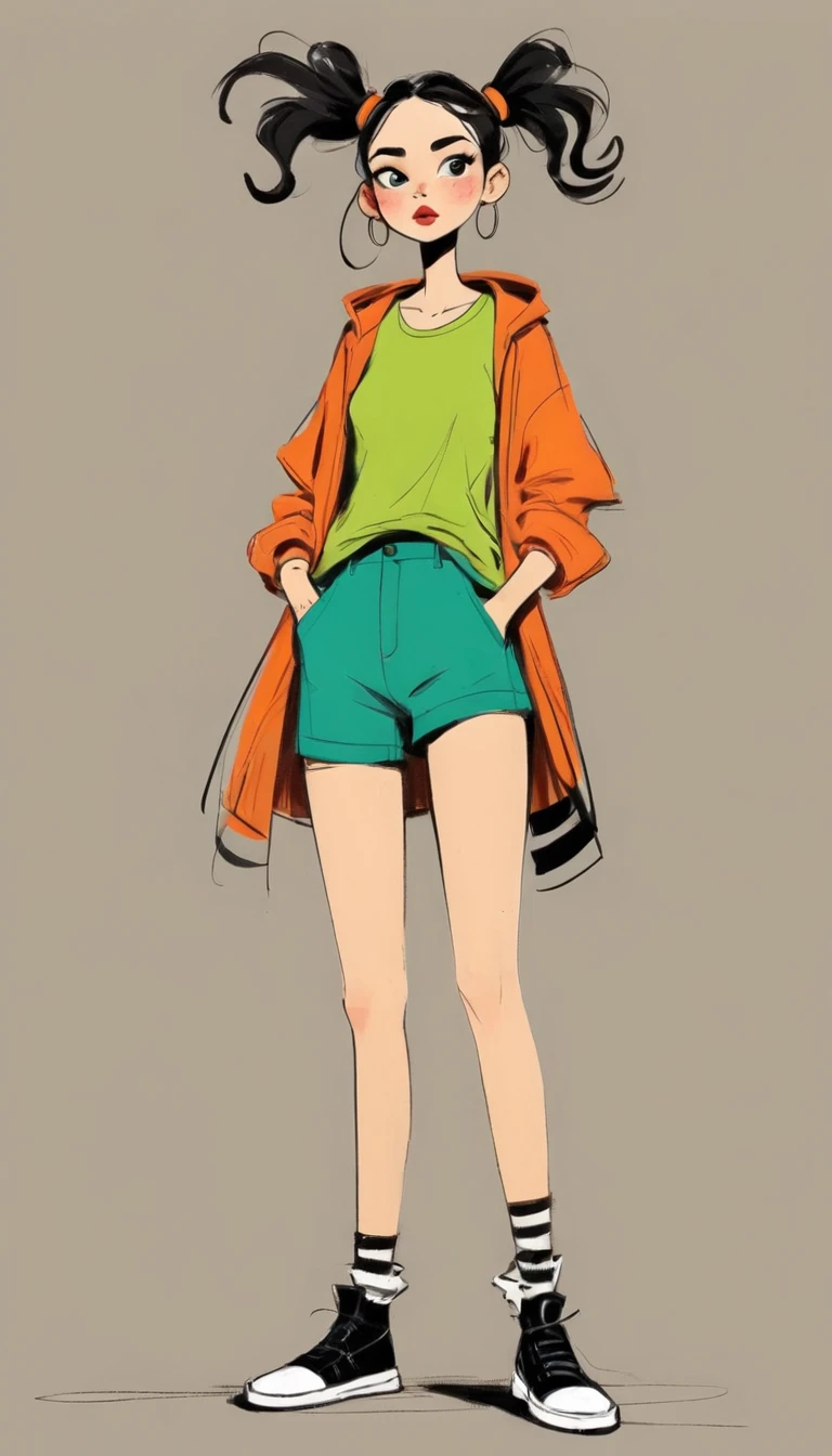 (((Exaggerated digital character sketches:1.37))).(1 Girl，Double tail，fashion clothing)，(Black sketch lines，Loose brushstrokes create the outline，Cartoon Style. Bright colors and simplified lines, sketch)。(Exaggerated body movements),