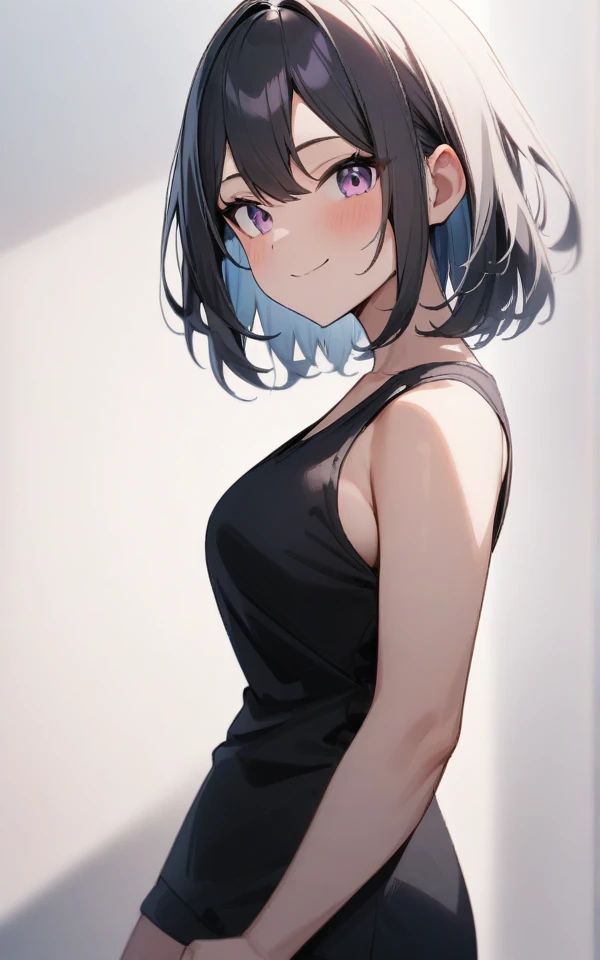 masterpiece, best quality, very aesthetic, absurdres, 1girl, looking at viewer, upper body, medium hair, medium breasts, Tank top, smile, simple background、Standing pose、masterpiece, best quality, very aesthetic, absurdres, 1girl, looking at viewer, upper body, medium hair, medium breasts, Tank top, smile, simple background、Standing pose、Put one foot forward