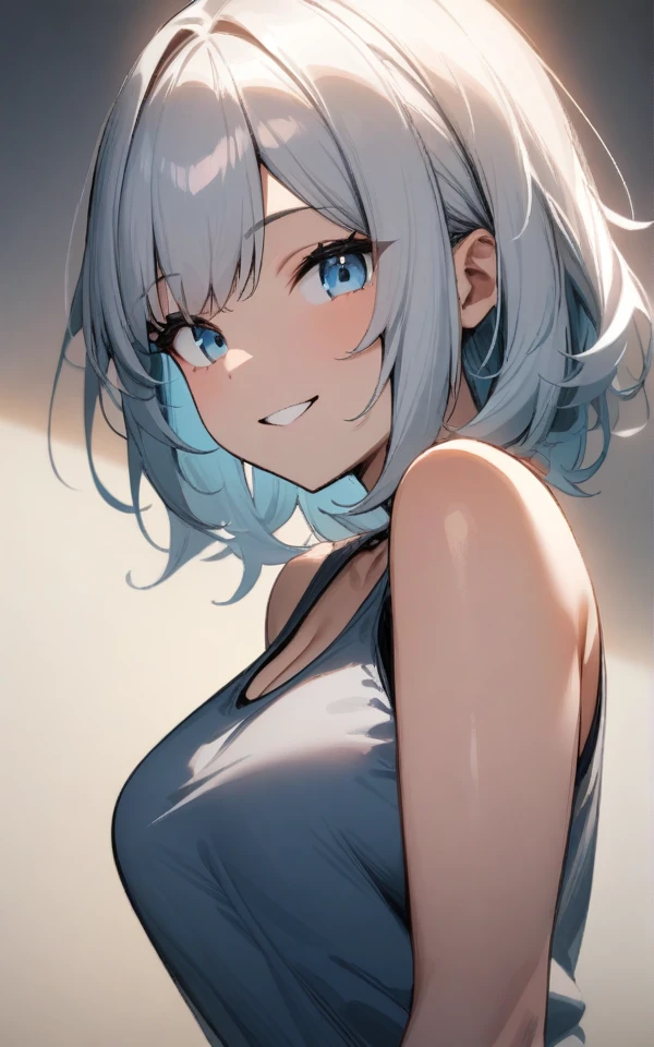 1girl, face, white hair, short hair, ponytail, grey eyes, tight dress, smile, naked, clouds