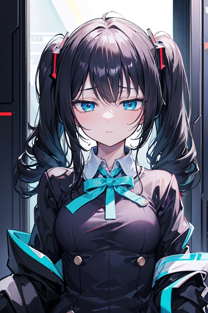 portrait, short twintail, black hair, a cute girl, reticence, blue eyes, small breasts, cyberpunk blazer, frill shirt, black tie