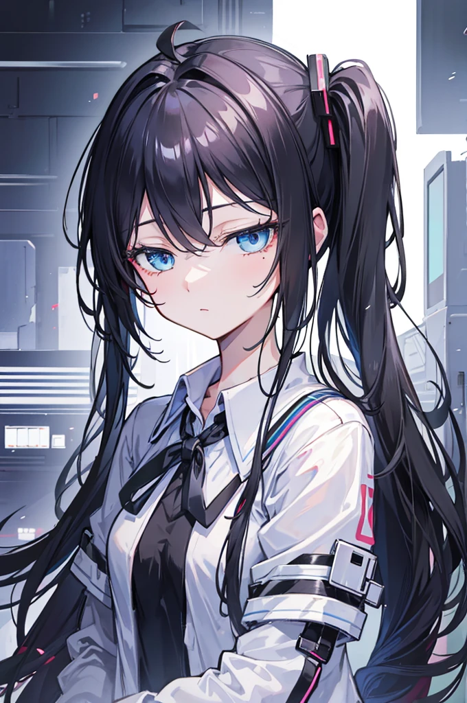 portrait, short twintail, black hair, a cute girl, reticence, blue eyes, small breasts, cyberpunk blazer, frill shirt, black tie