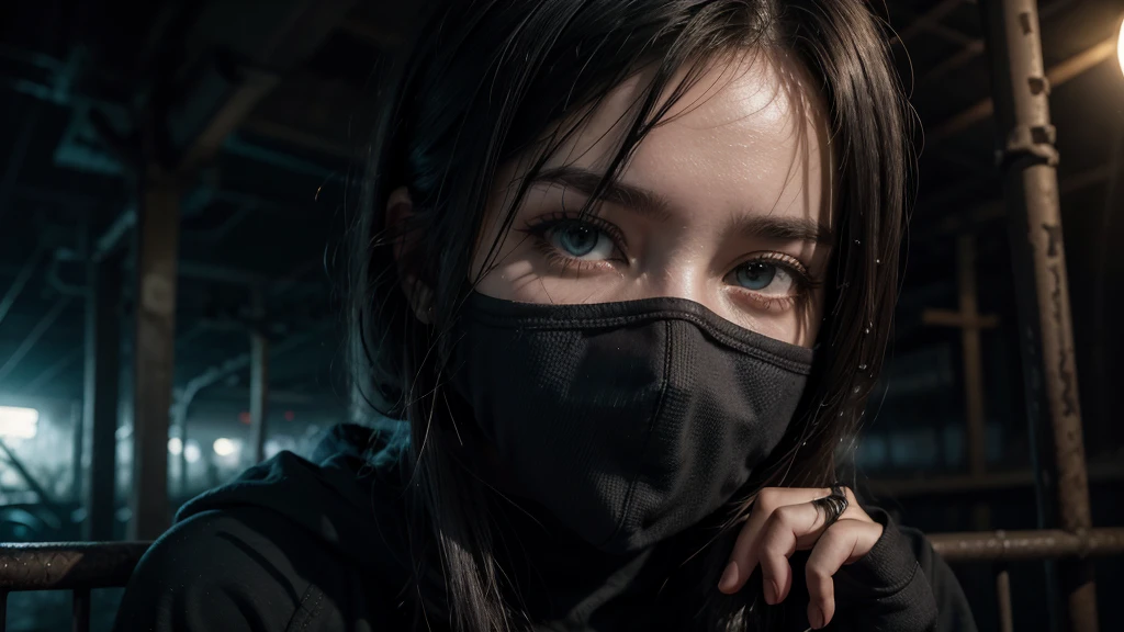 1 women in loose, lightweight black clothing, wearing a prominently visible balaclava, hanging by one hand from a track above a rusted roller coaster car, broken tracks and overgrown weeds, eerie atmosphere, sense of mystery and solitude, suspenseful mood, close-up shot from the car, shallow depth of field, soft, diffused lighting. Dark atmosfer.mask in face.8k