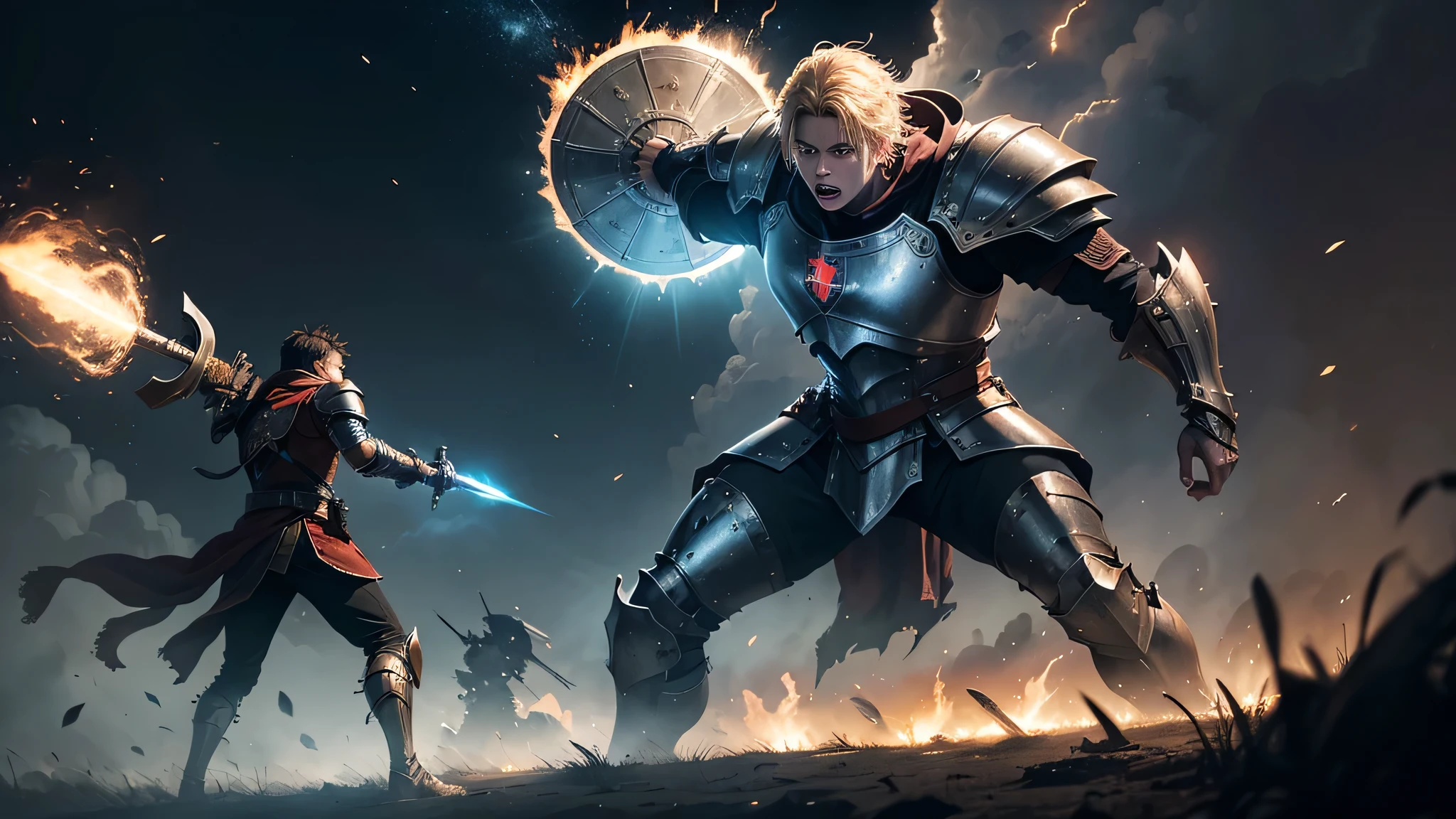 A brave 18-year-old boy named David, dressed in medieval armor, defends himself from a colossal enemy wielding a shining shield to protect himself from the enemy's attack. The battlefield, a mix of moonlit shadows and sparks of fire, echoes with the clash of steel and the roar of the titan. David, with determination written on his face.