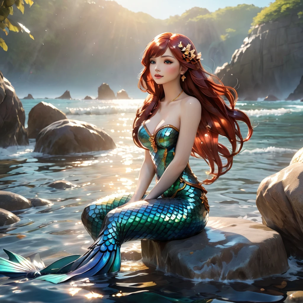 cute 20 year old mermaid sitting on a stone in the ocean enjoying the sunlight, sun is shining, beautiful mermaid, beautiful detailed human face, red lips, alluring eyes, elaborated mermaid tail, serene, masterpiece, full body shot, highres, high resolution, high quality, intricate details, extremely detailed, incredible details, full colored, complex details, insanely detailed and intricate, extremely detailed with rich colors. masterpiece, best quality, HDR, UHD, unreal engine, High quality, gorgeous, glamorous, 8k, super detail, gorgeous light and shadow, detailed decoration, detailed lines, glittery, fantasy, pretty colors, anime style