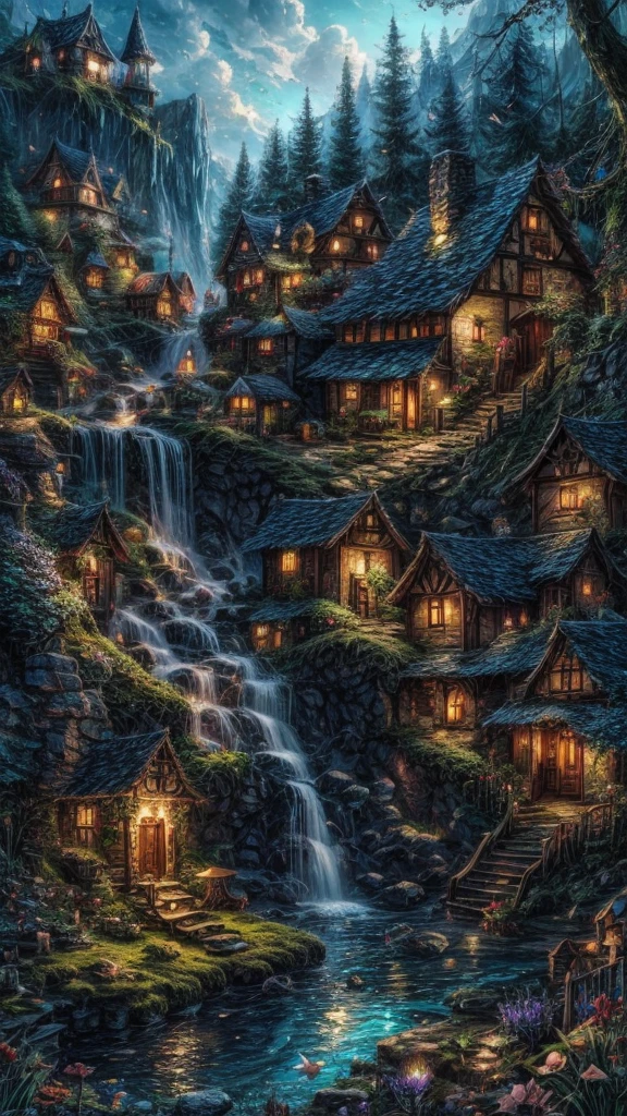 16K,enchanting fairy village, waterfall, small houses, Fantasy Place