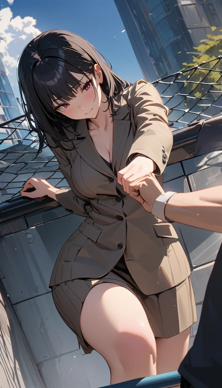 modern, Verism, masterpiece, textured skin, super detail, best quality, 4K , A despondent woman with short bobbed black hair is attempting to climb over a chain-link fence on the rooftop of a building. She has her hands on the fence and is trying to get over it. A man with short black hair, wearing a business suit, has noticed her and is pulling her back from behind, trying to stop her.
Looking at the whole picture from behind
