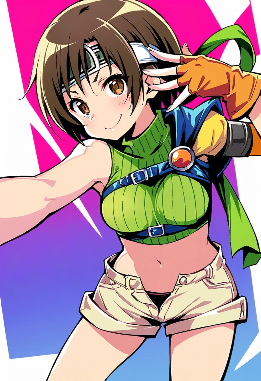 score_9, score_8_up, score_7_up,,BREAK , top angle:1.3.,mediumshot,(Standing pose),soro focus,1girl, yuffie kisaragi, final fantasy, short hair,headband,navel,sleeveless,turtleneck,brown eyes,sleeveless turtleneck,solo,breasts,looking at viewer,smile,gloves,crop top,brown hair,shorts,midriff,,sweater,open fly,armor,fingerless gloves,ribbed sweater,medium breasts,,smile,smug,best quality,aesthetic,very aesthetic,masterpiece,high-resolution, (Proportion).,lefthand v-over eye,lighthand selfie