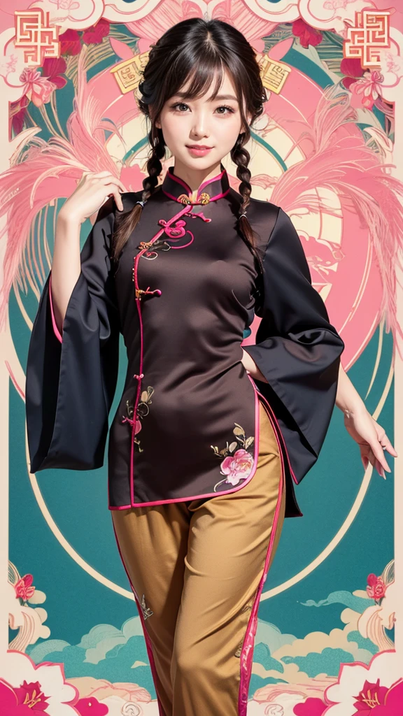 Mucha style, Chinese Design, Realistic, masterpiece, Highest quality, Highest Resolution, Anatomically correct, Accurate Anatomy, One Japanese woman, Smile and show your teeth a little., Fine and beautiful eyes, Sparkling eyes, Thin eyebrows, Gives lashes a delicate finish, False eyelashes, (Chinese traditional makeup:1.2), (Braided hair, Blunt bangs, Brown Hair:1.2), Detailed face, Sharp Eyes, (Classic pink cheongsam resembling a heavenly maiden, Pants Style, A little fantastic:1.3), (Thick thighs:1.3), Photo taken from the thigh up, Blank background in warm colors
