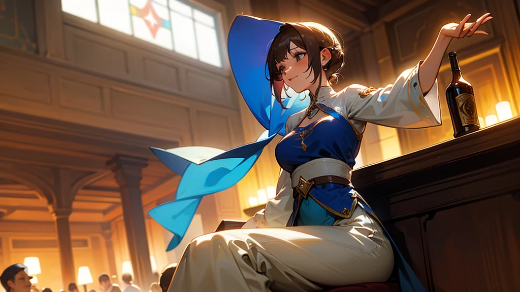 A beautiful woman is sitting and listening to music, men and women are enjoying music and dancing at a bar, heartwarming, medieval, minstrel, epic,
