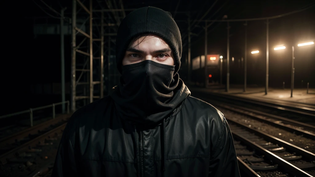  1 man in loose, lightweight black clothing, wearing a prominently visible balaclava, hanging by one hand from a track above a rusted roller coaster car, broken tracks and overgrown weeds, eerie atmosphere, sense of mystery and solitude, suspenseful mood, close-up shot from the car, shallow depth of field, soft, diffused lighting. Dark atmosfer.mask in face.8k