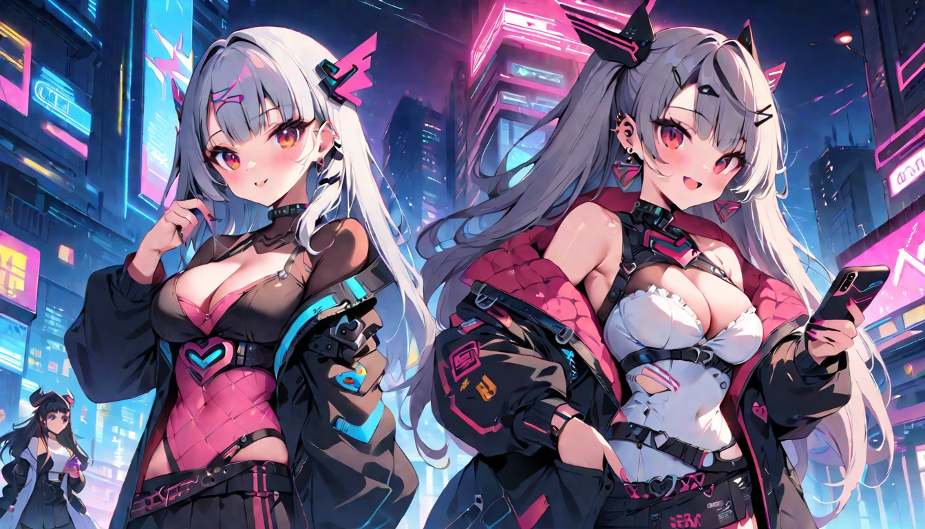 Highest quality, masterpiece, Ultra-high resolution,City of night,Standing woman,Neon Town, Have a smartphone,cyber punk vibe, cyber punk art style, cyber punk vibes, digital cyber punk - anime art, cyber punk themed art, cyber punk anime art, digital cyber punk anime art, in cyber punk style, cyber punk artstyle, has cyber punk style, anime cyber punk art, in cyber punk city, cyber punk art, cyber punk))), cyber punk style, style of cyber punk ,Red eyes, Cleavage, ,Seraphim, skirt,, Multicolored Hair, Grey Hair, Striped Hair, hair ornaments, smile, Black Hair, Clothing cutouts,Black jacket, Earrings, Braiding, tooth,Long Hair,Octance 4K, Attention to detail