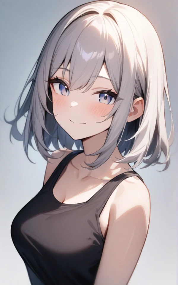 masterpiece, best quality, very aesthetic, absurdres, 1girl, looking at viewer, upper body, medium hair, medium breasts, tank top, smile, simple background、立ちポーズ、腰に手を当てて