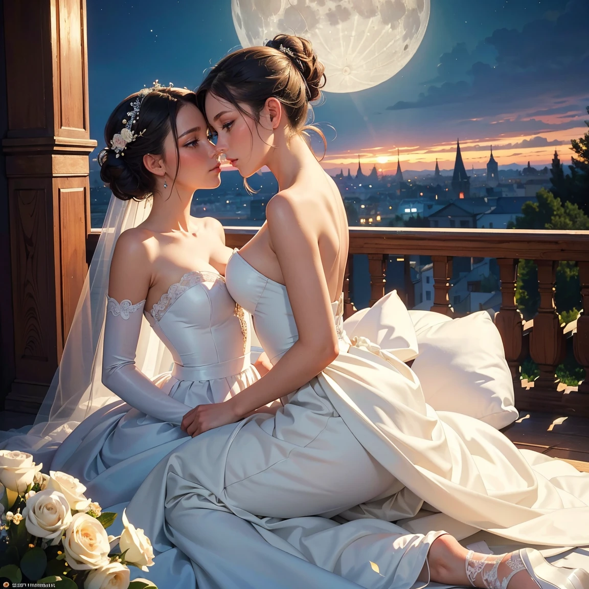 (masterpiece, highest quality, official art, beauty and aesthetic:1.5), perfect anatomy, two stunning bride is deeply in love with each other, kiss, romantic atmosphere, flower and moon, magnificent panorama view