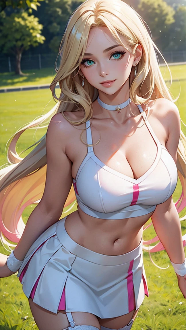 Highest Quality, ​masterpiece, beautifully detailed eyes, green eyes, long Blonde Hair, Gradient Hair, pink highlights in hair, large breasts, standing, makeup, glossy lips, full lips, (natural lighting), grass, cheerleader outfit, light smile, midriff, collarbone,  white miniskirt, cleavage voluptuous, well-proportioned feminine body, anatomically perfect, detailed beautiful face, promotional photo, panel photo, shy charming smile, choker, Seductive pose, cheer garter