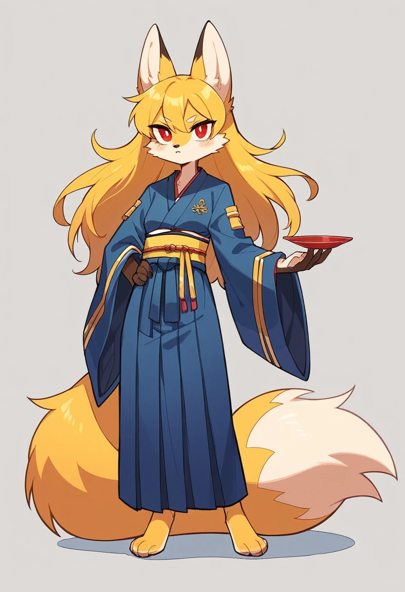 (full body,,The left hand is on the hip),((The right hand is out in front)),small breasts,Adult female fox, Furry, Golden fur, Golden facial fur, long golden hair, The hair on his hands is golden, Golden yellow hair on the back of the hand, Light-filled eyes, Red eyes, Brown elements of fur,Navy blue kimono,Navy blue hakama,Very fine fur, Fluffy tail,Nine-tailed tail