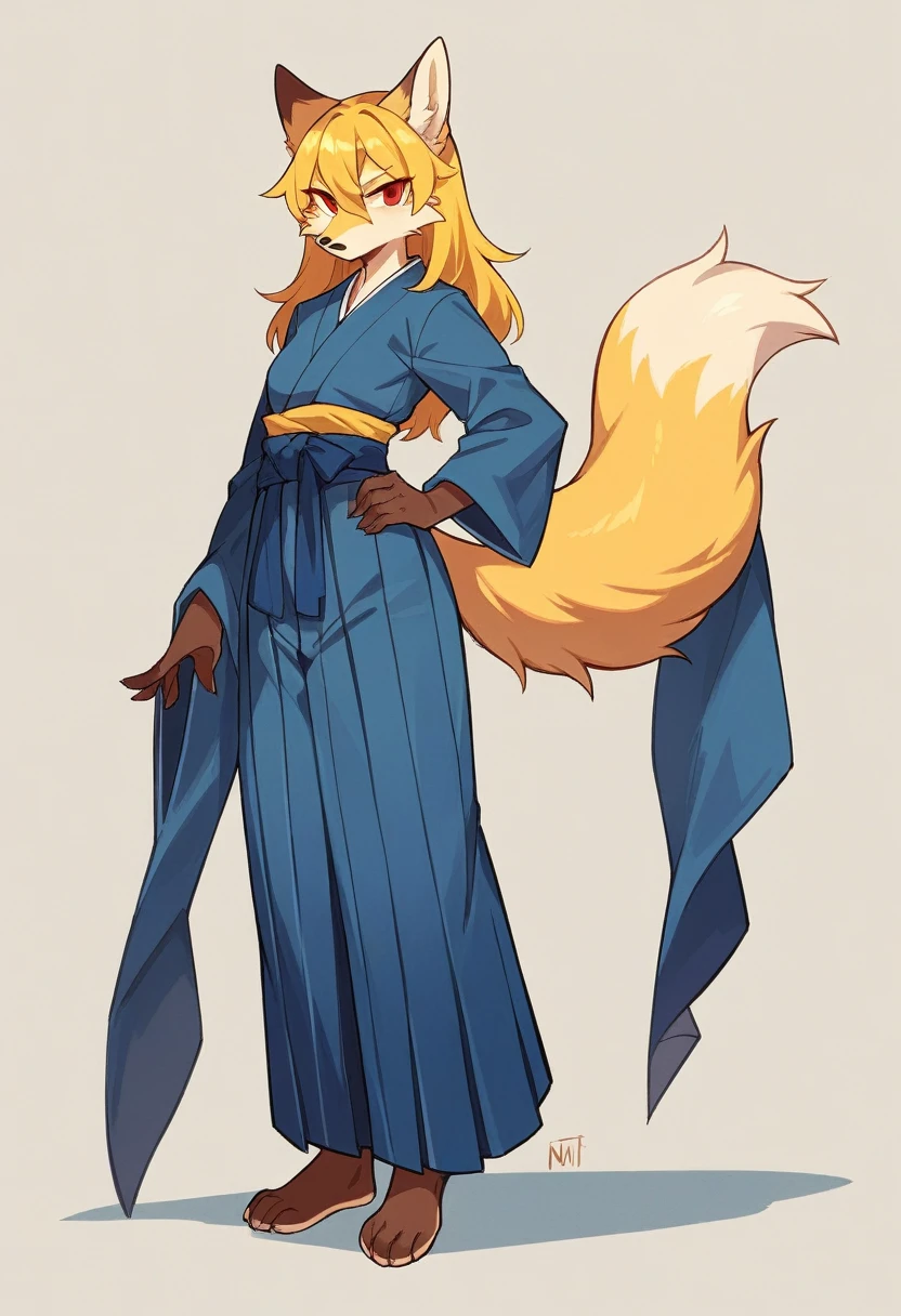 (full body,,The left hand is on the hip),((The right hand is out in front,)),small breasts,Adult female fox, Furry, Golden fur, Golden facial fur, long golden hair, The hair on his hands is golden, Golden yellow hair on the back of the hand, Light-filled eyes, Red eyes, Brown elements of fur,A plain dark blue outfit,Black Hakama,Very fine fur, Fluffy tail,