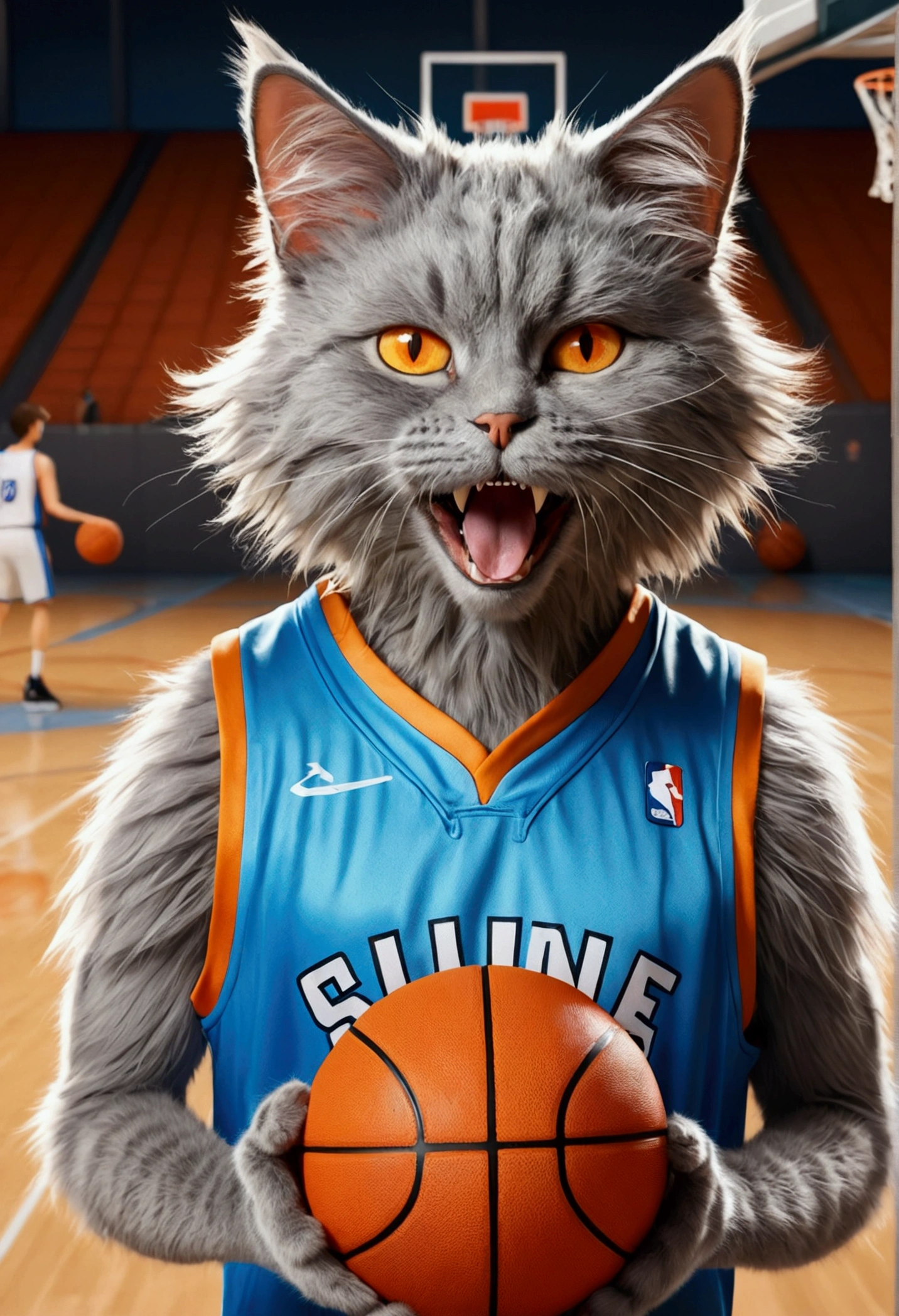 masterpiece, high quality, Absurd answer, number \(artwork\), by Dagasi, Yes,Seizan,(Fluffy fur:1.1),(bright:0.8),Anthropomorphic male cat. (Orange Eyes,Gray blue fur, Body hair, Cat nose:1.2), bright eyes,panoramic,character focus.Detailed background,(Basketball Jersey, Sweating,Dribbling, play basketball:1.2),(indoor, Basketball Court:1.2)