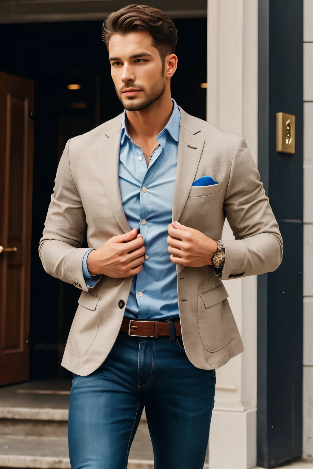 A man wears a blazer jacket