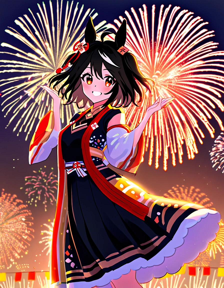 Ultra-high resolution, Highest quality, 8k,Horse Girl,Kitasan Black,162 cm,Bust 85,Waist 56,Hip 88,Festivals,firework,A happy smile,Cute pose,Five fingers on a hand