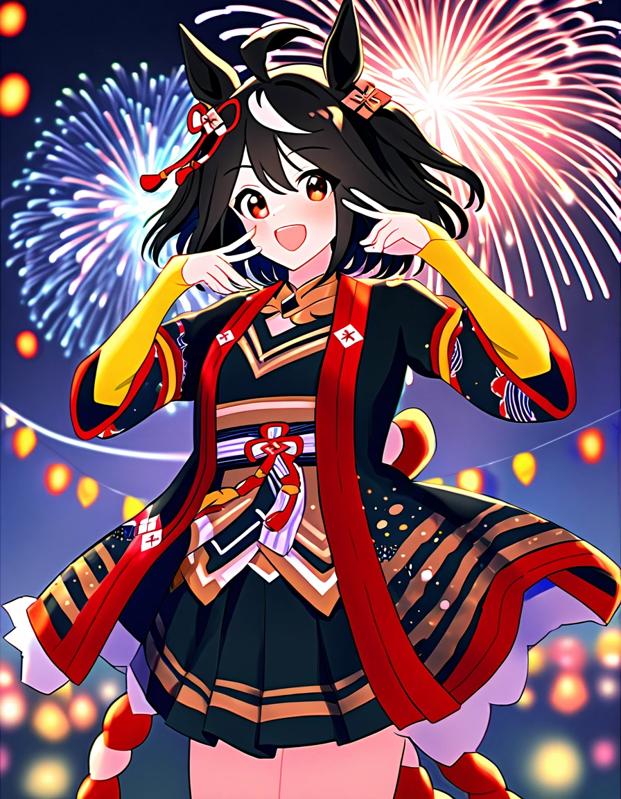 Ultra-high resolution, Highest quality, 8k,Horse Girl,Kitasan Black,162 cm,Bust 85,Waist 56,Hip 88,Festivals,firework,A happy smile,Cute pose,Five fingers on a hand