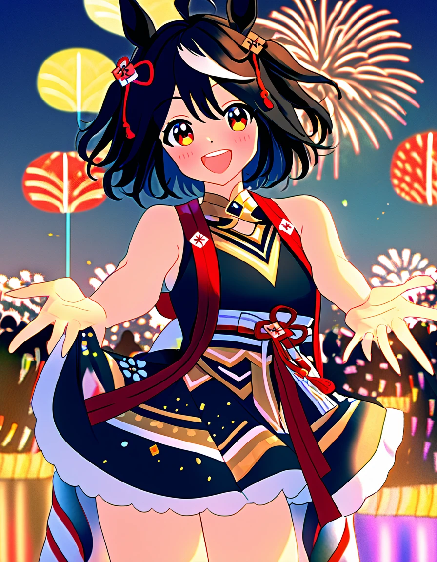 Ultra-high resolution, Highest quality, 8k,Horse Girl,Kitasan Black,162 cm,Bust 85,Waist 56,Hip 88,Festivals,firework,A happy smile,Cute pose,Five fingers on a hand