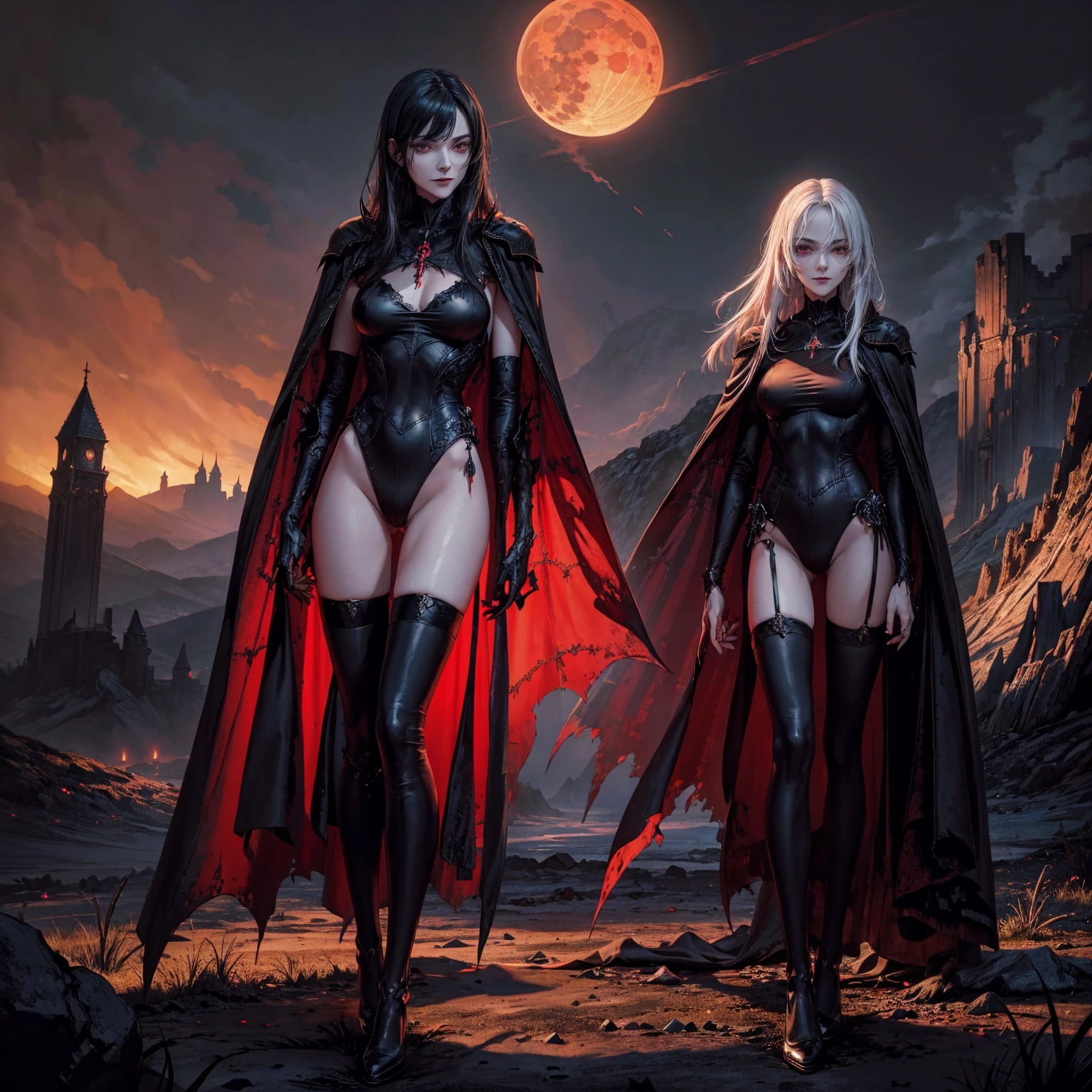 best quality, 4K, high resolution, masterpiece:1.2, Very detailed, actual:1.37, Mood lighting, An Undead Lich Girl in a long cape, Rotten skin with skeleton bones exposed, Hands and arms are only bones, Wearing a reflective rubber one-piece swimsuit and a pair of knee-high stockings, Aloofness emotion, Dangerous sneer, Cruel smile, Black Hair, Standing, Facing the camera, Crucified, Pitch black sky, Blood-red moon, strange atmosphere, Gothic style, Unforgettable beauty, Dramatic shadows, Ethereal Light, Mysterious atmosphere.