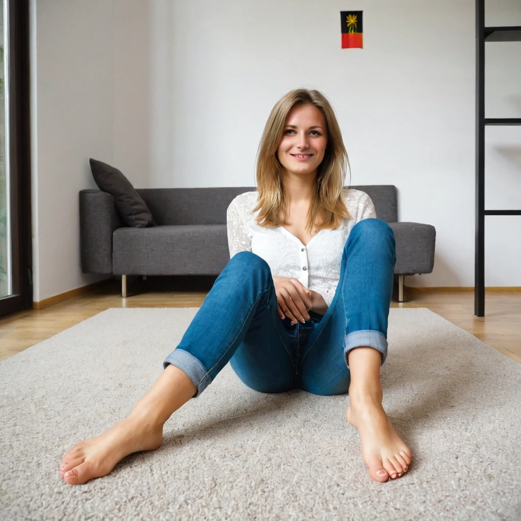 Beautiful woman from germany, sitting on the floor, showing her soles