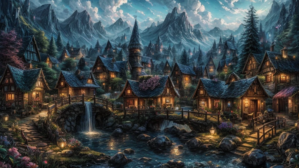 16K,enchanting fairy village, waterfall, small houses, Fantasy Place