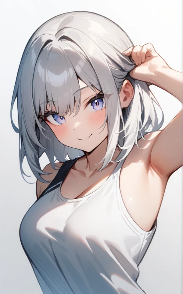 masterpiece, best quality, very aesthetic, absurdres, 1girl, looking at viewer, upper body, medium hair, medium breasts, Tank top, smile, simple background、Standing pose、One hand above your head