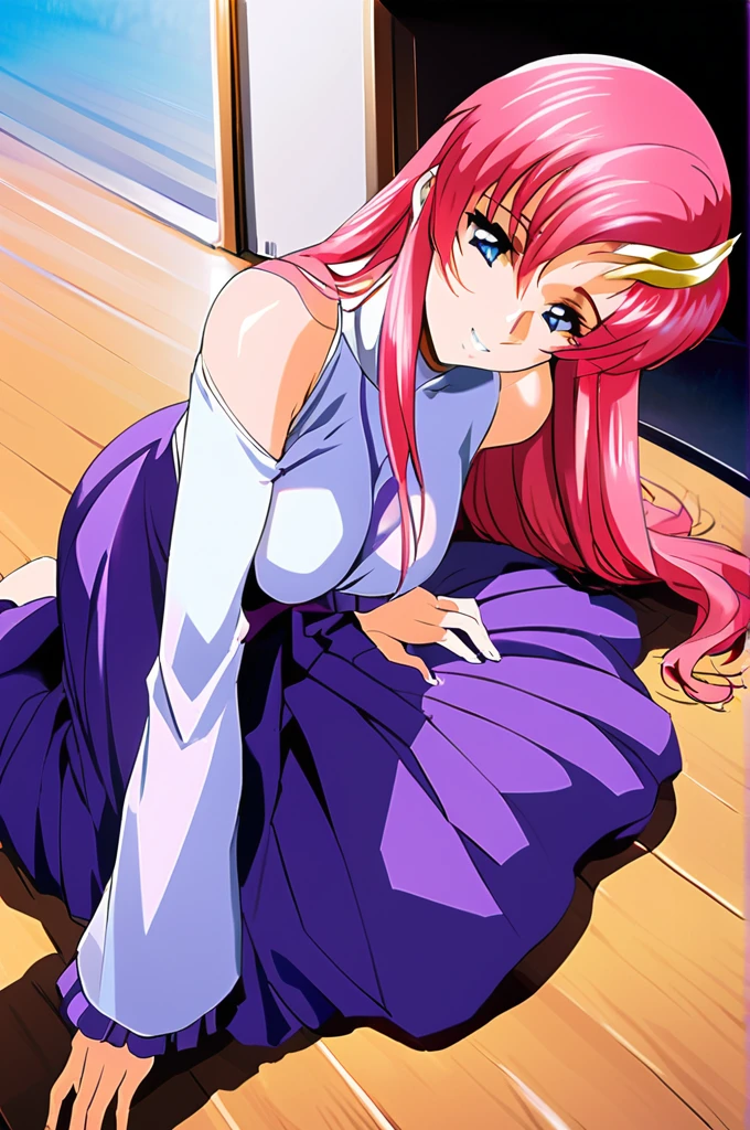 1980s \(style\),masterpiece, Highest quality, High resolution, anime, Lacus 1, One girl, alone, Pink Hair, Straight hair, hair ornaments, White sleeves, blue eyes, White Dress, Purple Skirt, Long skirt, Very long hair, Bare shoulders, Large Breasts, smile, Gundam, On the floor,retro artstyle,