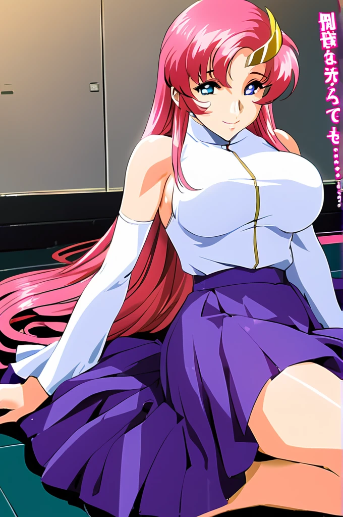 1980s \(style\),masterpiece, Highest quality, High resolution, anime, Lacus 1, One girl, alone, Pink Hair, Straight hair, hair ornaments, White sleeves, blue eyes, White Dress, Purple Skirt, Long skirt, Very long hair, Bare shoulders, Large Breasts, smile, Gundam, On the floor,retro artstyle,