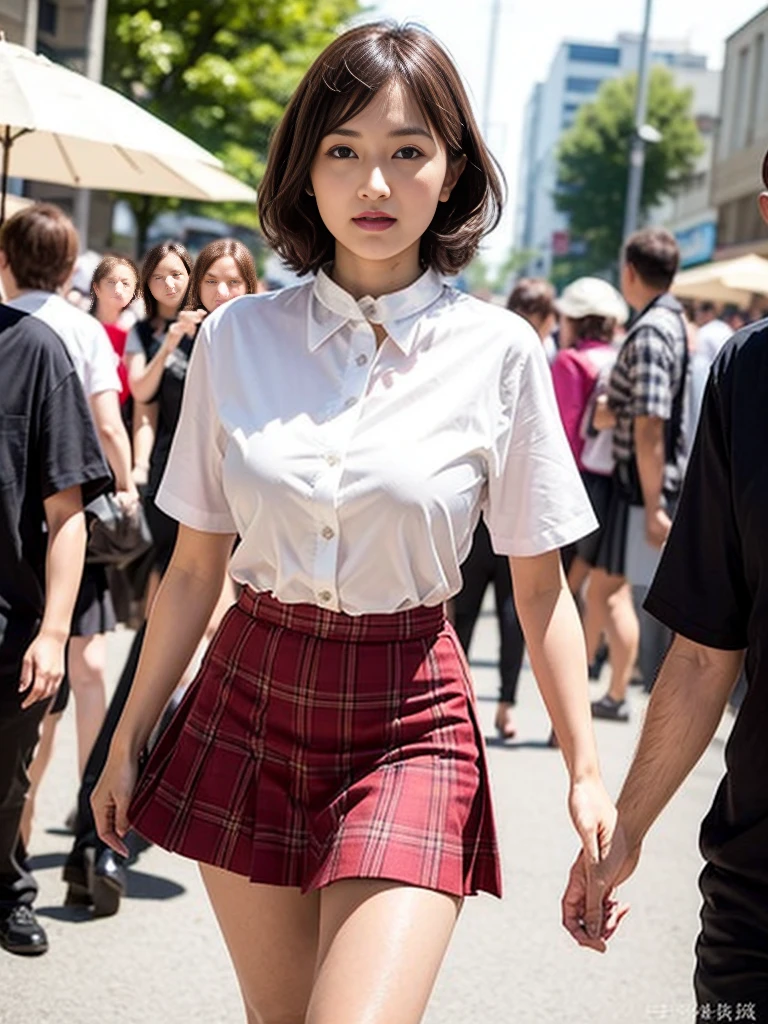 (RAW Photos、Highest quality)、(Real、写真のRealさ: 1.3)、Highest quality、Very detailed、8k RAW Photos、Highest quality、masterpiece、Ultra-high resolution、3d、Real、1 girl、((Beautiful woman walking in the city))、Walking towards the audience、((Portrait))、Japanese women、Serious face、Black Hair、Black crew collar、short hair、nose、School uniforms、Natural skin texture、Light brown eyes、Detailed eyes and face、lips、lipstick、Beautiful legs、Huge breasts、(Detailed Background)、Checkered mini skirt、White shirt、Brown high heels、Huge breasts、Blurred Background、Short sleeve、whole body、Bright white lighting