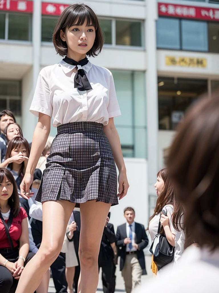 (RAW Photos、Highest quality)、(Real、写真のRealさ: 1.3)、Highest quality、Very detailed、8k RAW Photos、Highest quality、masterpiece、Ultra-high resolution、3d、Real、1 girl、((Beautiful woman walking in the city))、Walking towards the audience、((Portrait))、Japanese women、Serious face、Black Hair、Black crew collar、short hair、nose、School uniforms、Natural skin texture、Light brown eyes、Detailed eyes and face、lips、lipstick、Beautiful legs、Huge breasts、(Detailed Background)、Checkered mini skirt、White shirt、Brown high heels、Huge breasts、Blurred Background、Short sleeve、whole body、Bright white lighting