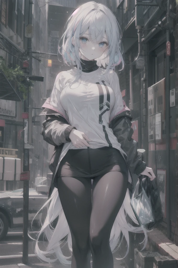 girl:1.3), Solitary, __body parts__ Delicate and realistic skin, Pale skin, Large target, Official Art, Unity 16K Wallpaper, Ultra Detailed, beauty, masterpiece, best quality, Awesome atmosphere, Calming color palette, A calm mood, Soft shadows, , charm,((Larger breasts)),,((Black leggings)),sweater,blush,liquid,cute,Sportswear,Colorful,Short skirt
