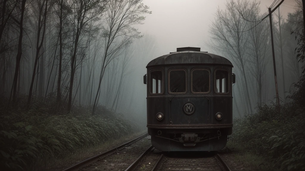 1 man in loose, lightweight black clothing, wearing a prominently visible balaclava, hanging by one hand from a track above a rusted roller coaster car, broken tracks and overgrown weeds, eerie atmosphere, sense of mystery and solitude, suspenseful mood, close-up shot from the car, shallow depth of field, soft, diffused lighting. Dark atmosfer.mask in face.8k