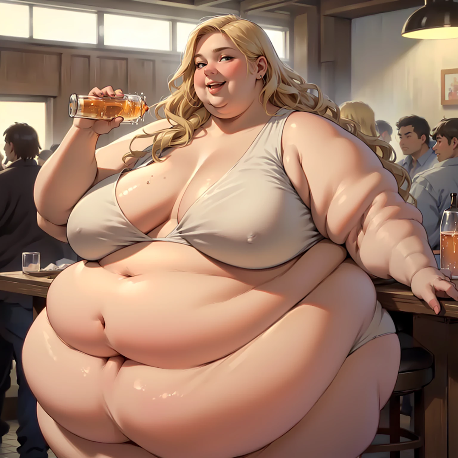 (masterpiece, detailed, realistic:1.2), beautiful young woman, USSBBW, (morbidly obese:1.4), (fatblob:1.4), college girl, enthusiastic, open smile, detailed face, crowded , holding alcoholic drink, gigantic belly, long wavy blonde hair, huge lips, high aesthetic