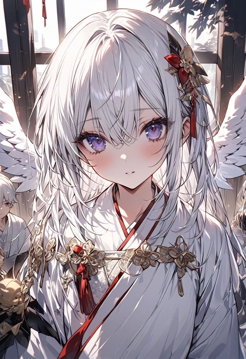 ((masterpiece)), ((Highest quality)), ((Very detailed)), figure, Dressed as an angel、A young man with short white hair and dark eyes, Wearing a white Hanfu with black and red trim、Facing directly towards the viewer. In the background、背中から巨大な白い天使の羽が生えている幻想的な構figureが描かれている。